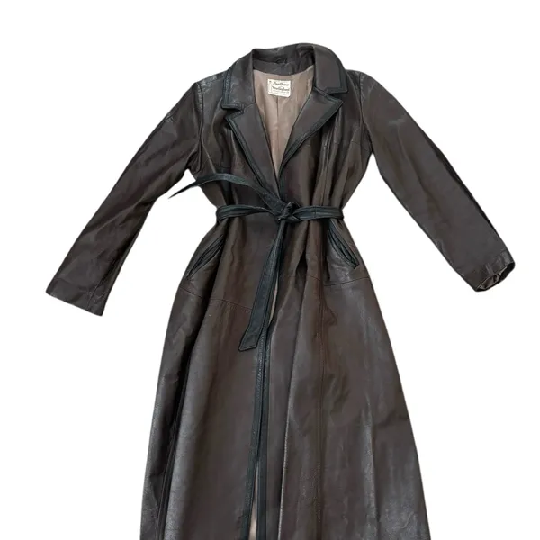 VTG Brown Leather Trench Coat Belted Contrast Trim Minimalist Chic Sz 16 Lined - Image 9