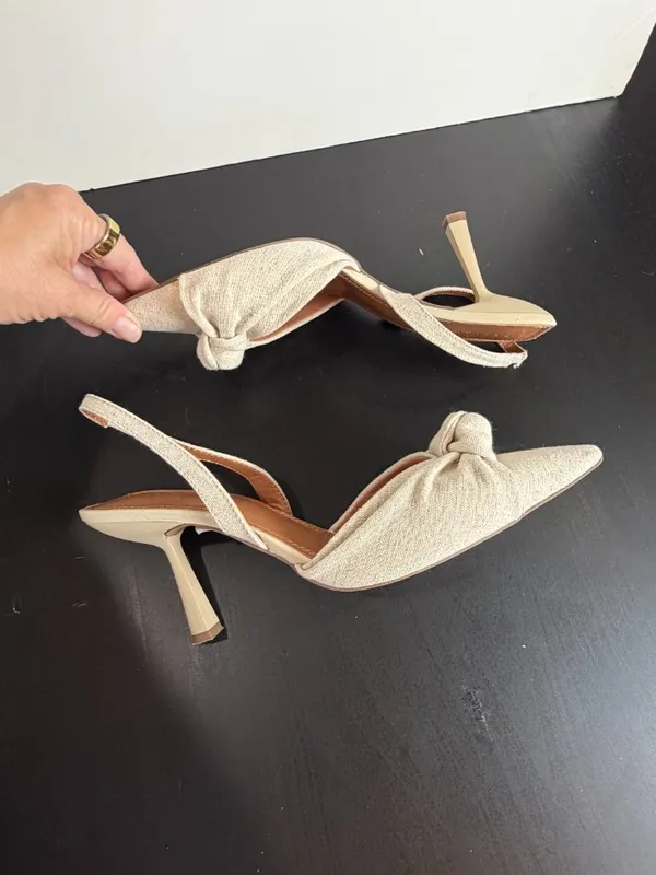 ASOS DESIGN Soraya Knotted Slingback Mid Heel Shoes Neutral Cream Linen Size 10 - Image 3