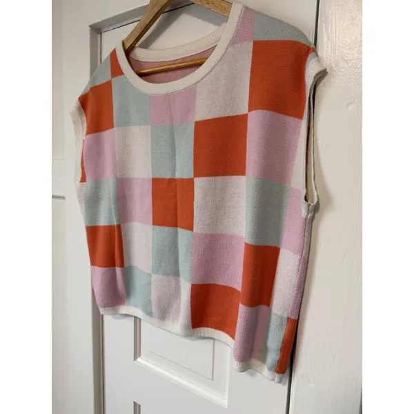 Womens Checkerboard Knit Sweater Vest Cropped Boxy Crew Neck Top Disco Festival - Image 6
