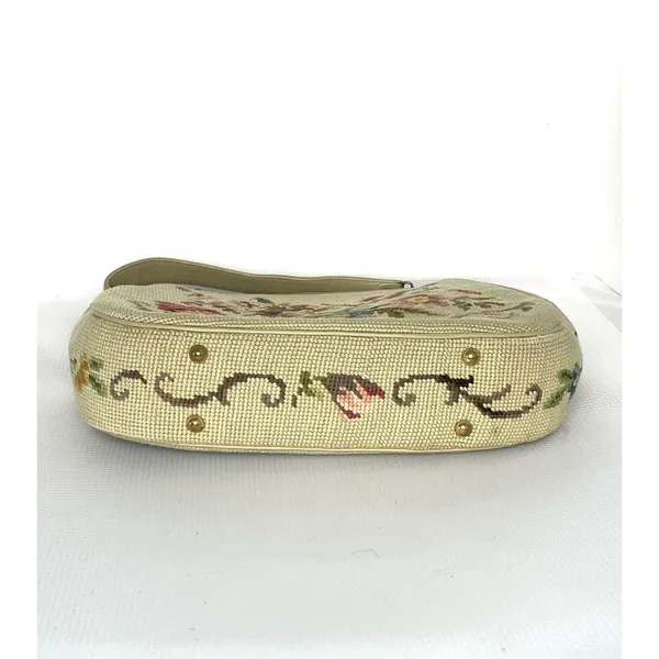 Vintage 50's Needlepoint Floral Purse Handbag Pockets Coin Purse Beige - Image 5