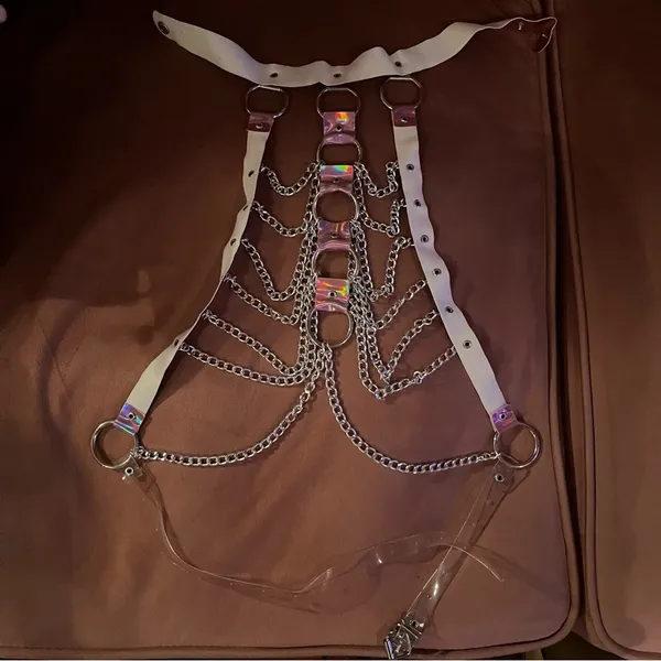 Dolls Kill Pink metallic chain harness and rainbow tube top - Image 4