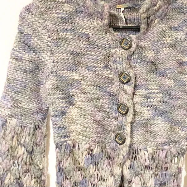 Free People Size XS‎ Purple Open Knit Half Button Wool Blend Cardigan Sweater - Image 4