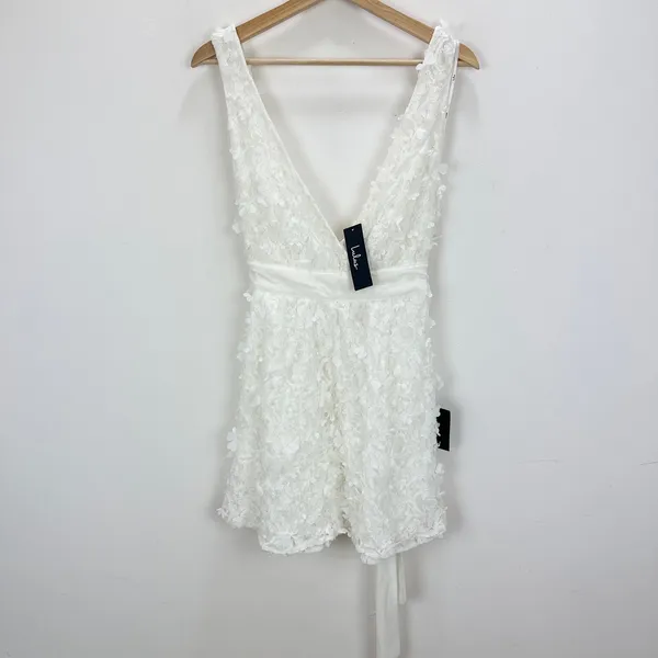 Lulus Totally Beautiful White 3D Floral Tie-Strap Skater Mini Dress Small NWT - Image 5