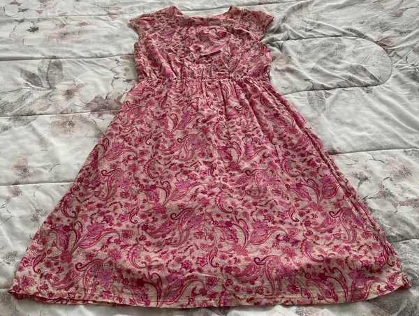 Floral Pink Beige Barbiecore High Waist Cotton Dress, size M - Image 13