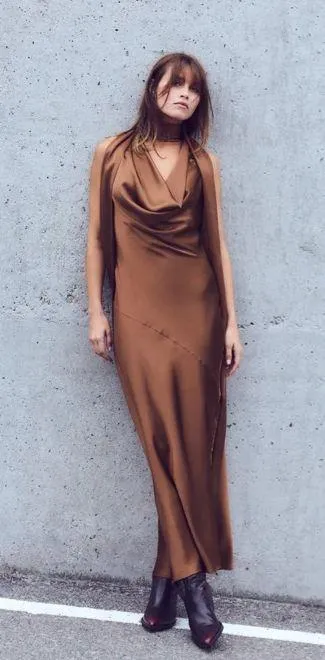 Zara maxi halter scarf satin plunge neck Brown Evening Wedding - Image 5