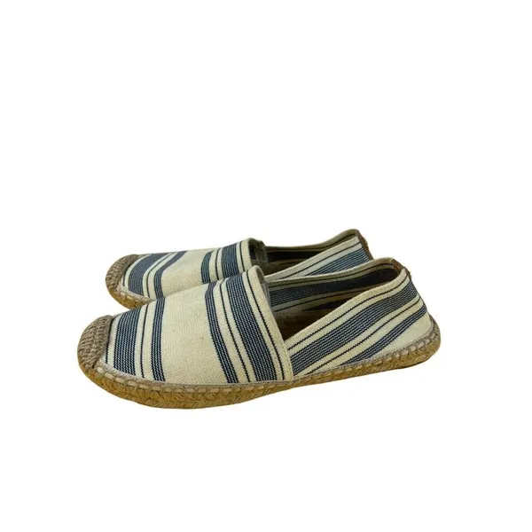 Tory Burch Beige‎ Blue Striped Fabric Espadrille Flat Slip-On Shoes 9.5 Designer - Image 2