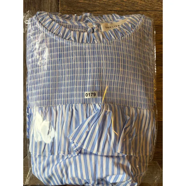 English Factory‎ Blue White Striped Smocked Ruffle Puff Sleeve Top - Image 6