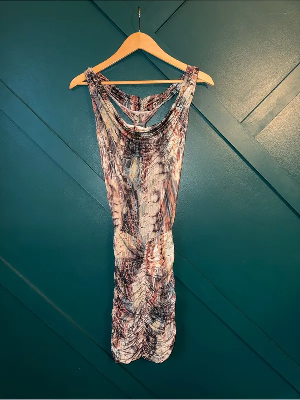 Ruched Snake Print Open Back Bodycon Mini Dress Y2K Going Out Size P/S - Image 2