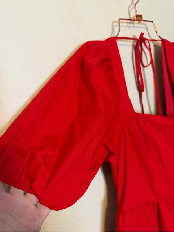 WAYF Red Open Back Bow Puff Sleeve Mini Dress Size‎ Large NWT - Image 3