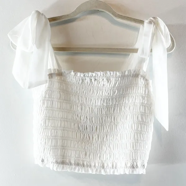 Altar'd State Tie Strap Smocked Cropped Tank Top White Small - Image 2