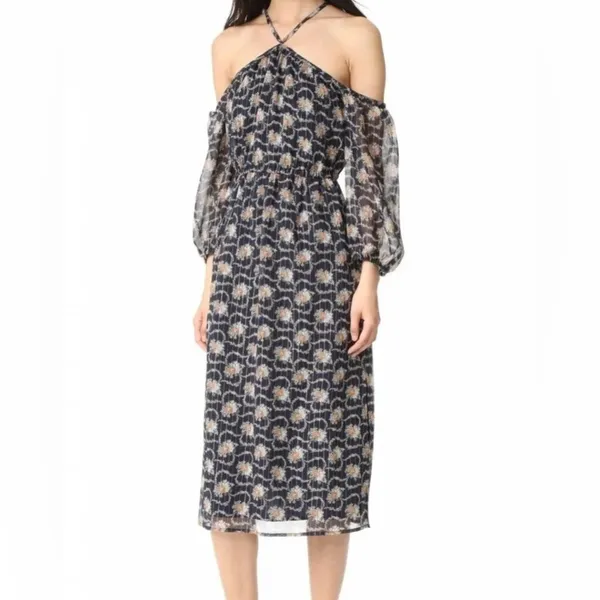 Club Monaco Tansa Dress in Deep Sapphire Blue Floral Metallic‎ Pattern Sz 2 - Image 2