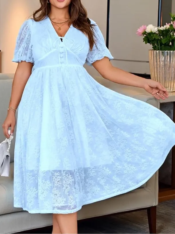 EYWOL Women's V Neck Short Sleeve Lace Midi Dress Semi Formal Wedding Guest - Image 3