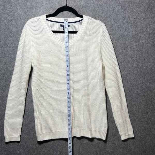 Tommy Hilfiger White V-Neck Cotton Knit Sweater‎ Womens Large Textured Pullover - Image 4