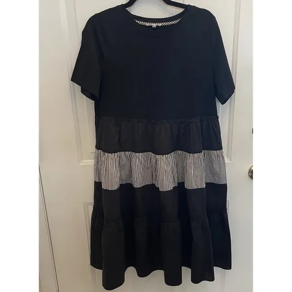 Joh Black Tiered Ruffle Midi Dress Stripe‎ Relaxed Casual Womens M Boho Beach - Image 2