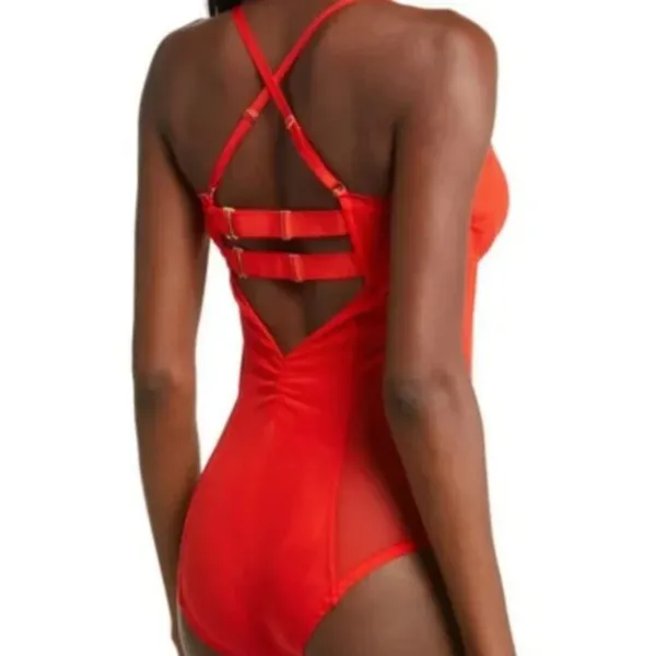 FREE PEOPLE x HAH Cut Out Bodysuit S Blood Orange Feminine Party Mesh Boho NWT - Image 2
