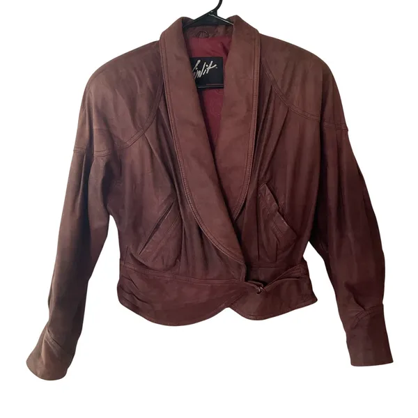 Vintage 80s Winlit Burgundy Leather Wrap Jacket Belted Power Shoulders M - Image 3