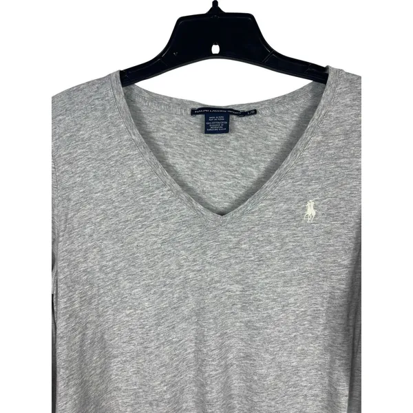 Ralph Lauren Sport Gray Cotton V Neck Long Sleeve T-Shirt L Preppy Pony Logo Y2K - Image 3