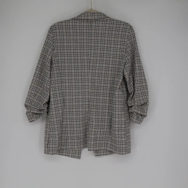 Rachel Zoe Blazer Women's Medium Grey White Open Ruched Sleeve Plaid Classic - Image 9