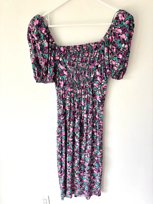 ASTR the Label Teal Purple Floral Puff Sleeve Midi Dress Ruched Slit Prairie - Image 11