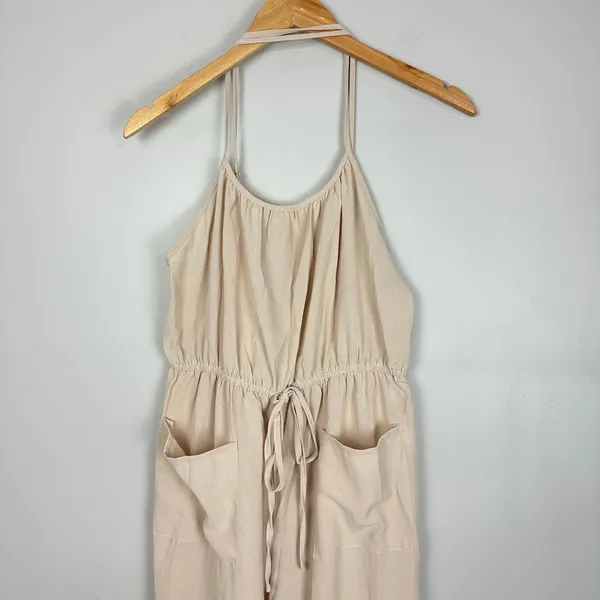 Cupshe Neutral Tie Waist Wide-leg Jumpsuit Beige Semi-sheer Size Large NWT - Image 7