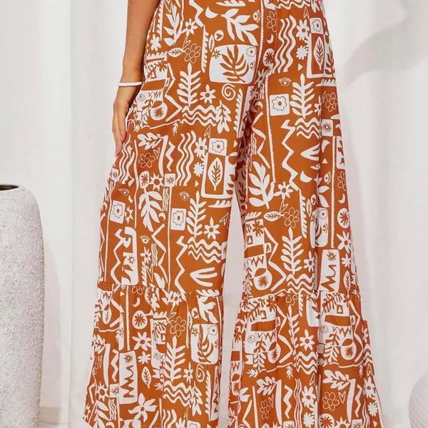 Orange White Abstract Print Wide Leg Tie Waist Ruffle Hem Pants Summer Holiday - Image 3