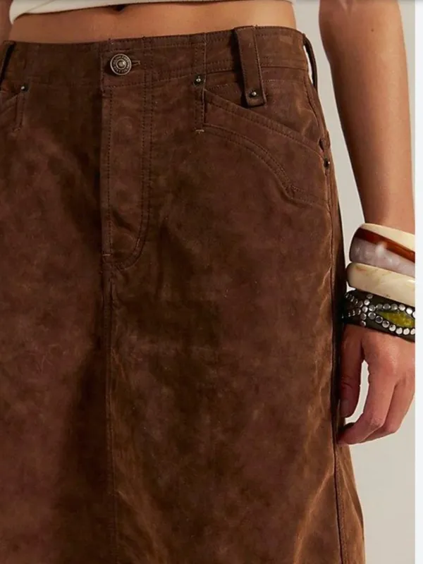 NWT Free People Suzy Chocolate Suede-Look Brown Midi Skirt A-Line Skirt Size 25 - Image 2