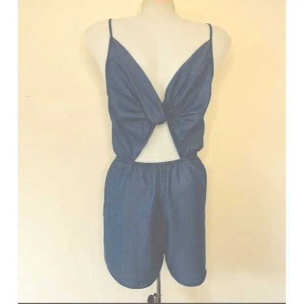 Chambray Romper One Piece Open Back Sleeveless Boho Coastal Resort Size Medium - Image 2