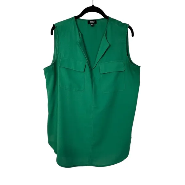 Jones New York Signature Blouse Womens L Green V-Neck Sleeveless Pocket - Image 2