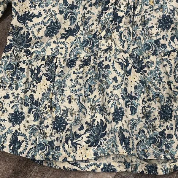 Faherty Womens Salinas Jacobean Top S Floral Lace Up Linen Floaty Blue Aviary - Image 9