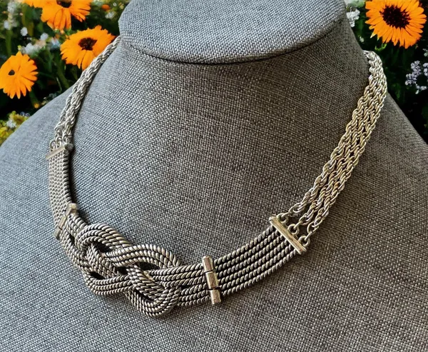 Weaved Knot Hinged Rope Chain Statement Necklace Silver - Image 2