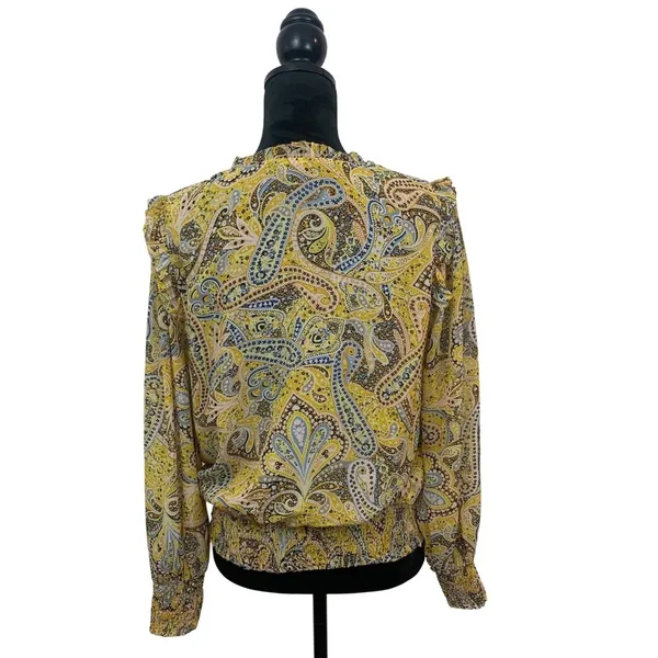Ann Taylor Womens M Yellow Paisley Smocked Hem Wrap V-Neck Blouse Long Sleeve - Image 3