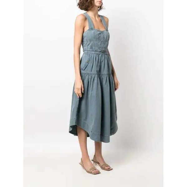 Ulla‎ Johnson Enzo Denim Dress Blue Cotton Tiered Midi Sweetheart Neck Size 4 - Image 11