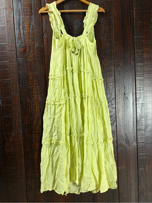 LUSH Lime Green Smocked Tiered Ruffled Maxi Dress SMALL - Image 6