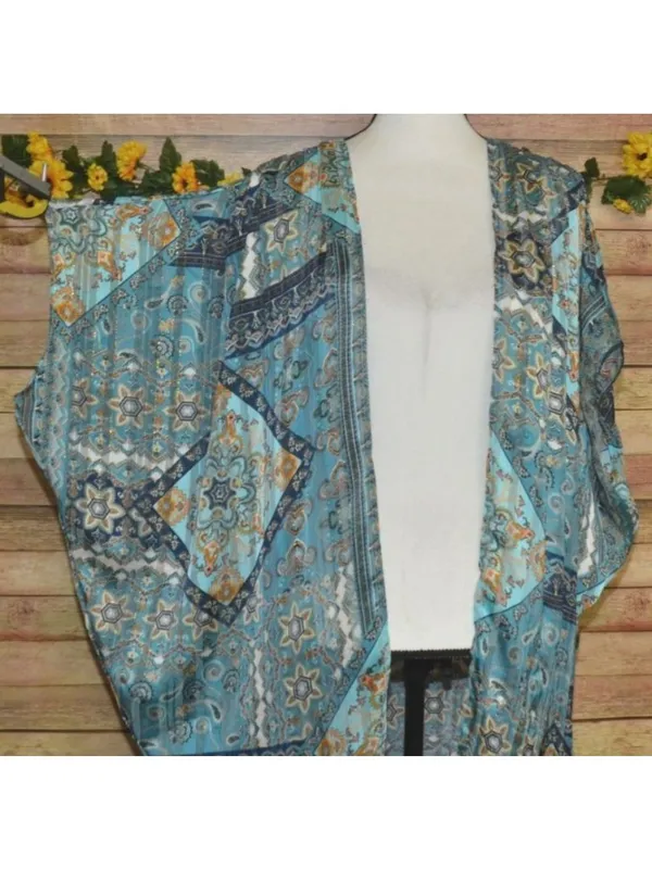 Umgee Womens S/M Blue Paisley Metallic Kimono Duster Boho Open Front Cardigan - Image 4