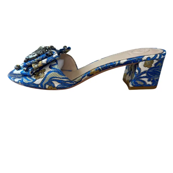 Tory Burch‎ Valentina Brocade Crystal Bow Slide Sandals Blue Gold 8 - Image 11