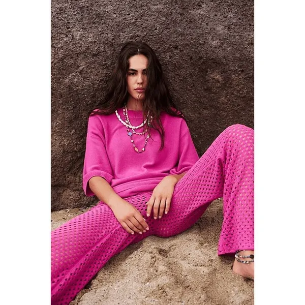 Free People Beach Sola Fiji Hot Pink Open Knit Wide Leg Pants Medium NWOT - Image 9
