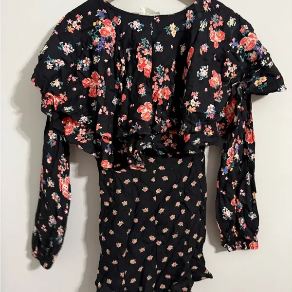 ASOS Floral Print Ruffle V Neck‎ Long Sleeve Black Mini Dress Women US 4 - Image 5