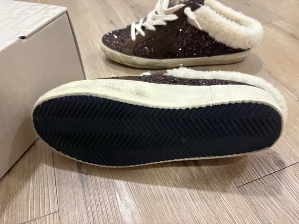 Golden Goose Super-Star Sabots in glitter with brown star and shearling lining - Image 8