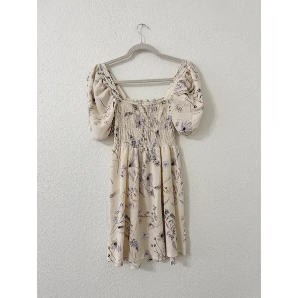 H&M Floral Smocked Puff Sleeve Mini Dress Cream XS - Image 3