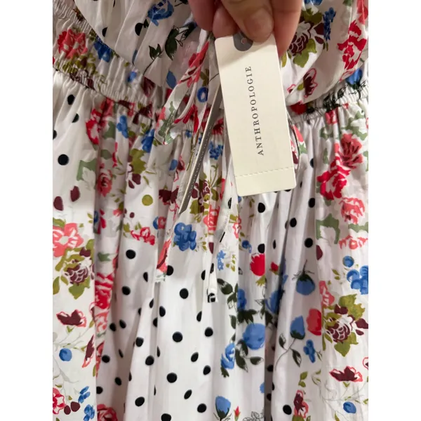 Anthropologie Somerset Strapless Mini Dress Floral Polka Dot Smocked Neutral S - Image 9