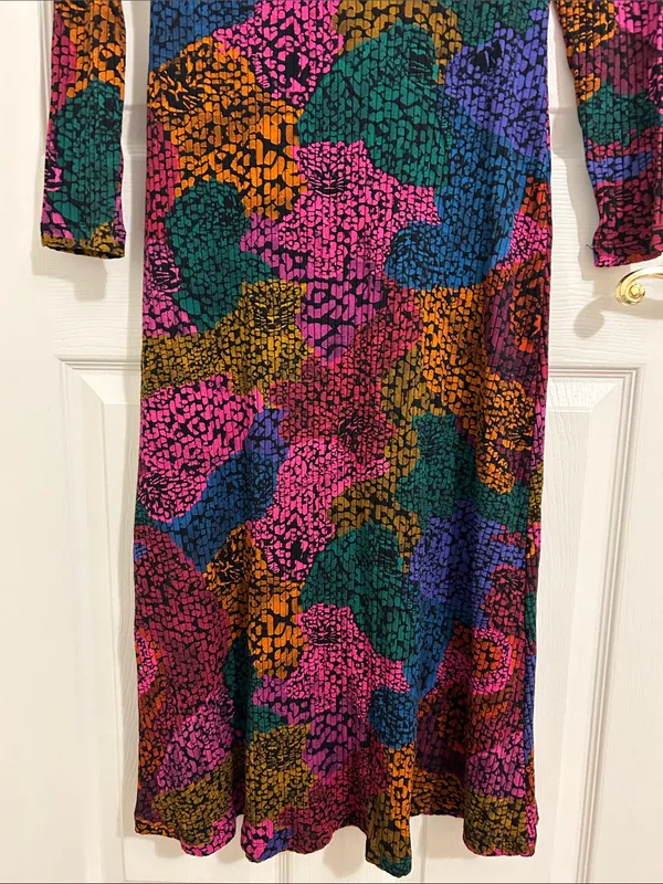 Farm Rio Rainbow Mix Jersey Dress Ribbed Knit Long Sleeve Midi New Size Medium - Image 9