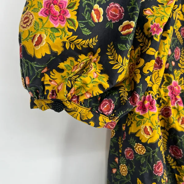 Farm Rio Arabesque Floral Mini Dress Puff Sleeve Tiered Black Yellow Large - Image 10