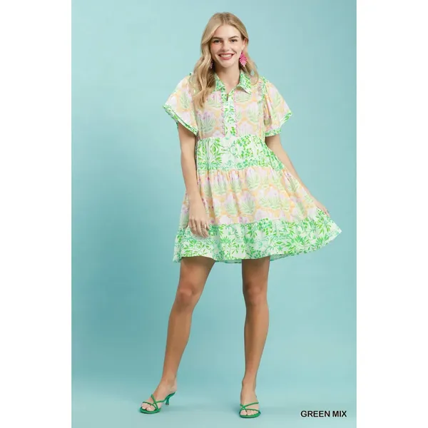 Umgee Mixed Floral Tiered Mini Dress with Flutter Sleeves - Green Mix - Medium - Image 6