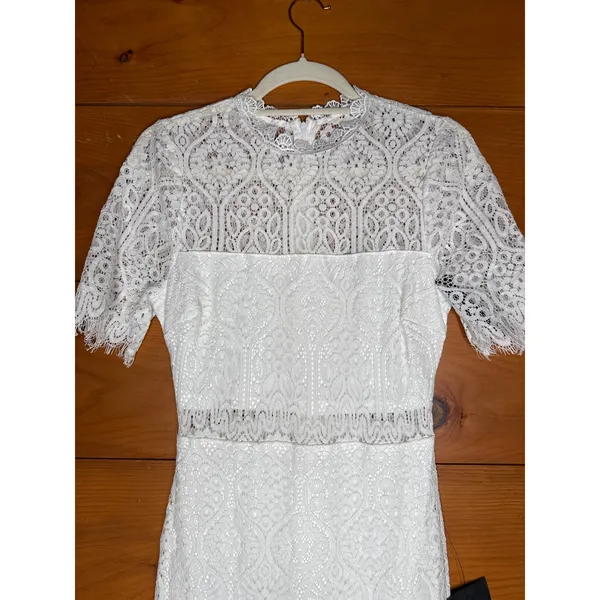 NWT Lulus Remarkable White Sheer Lace Short Sleeve Midi Dress Sheath Classy Sz S - Image 4