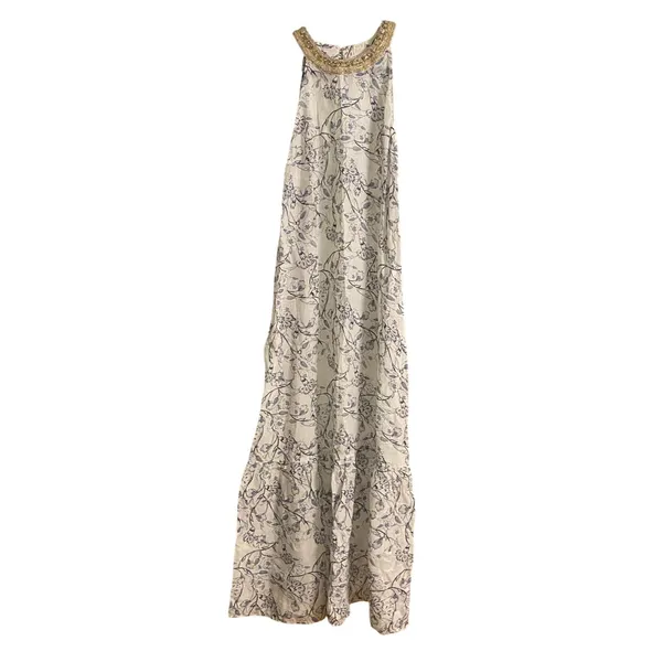 120% Lino Linen Beaded Halter Maxi Dress Floral White Blue EU 38 US 6 Coastal - Image 2