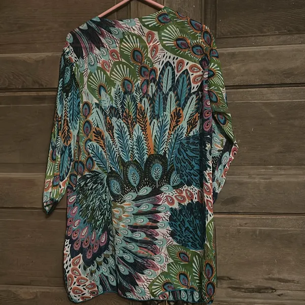 Double Decker Top Size M Sheer Tunic Beach‎ Cover Up Peacock Feathers Sequins - Image 6