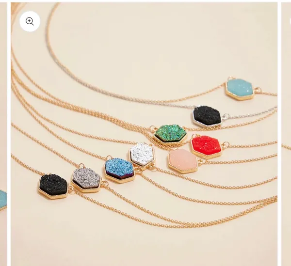 Hexagon Druzy Stone Charm Short Necklace-Red - Image 2