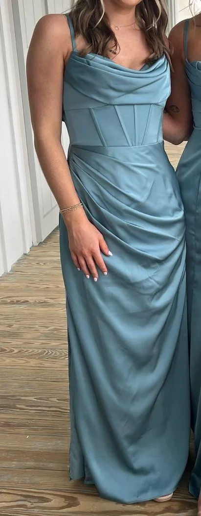 Azazie Mai Moody Blue Stretch Satin Dress - Image 3