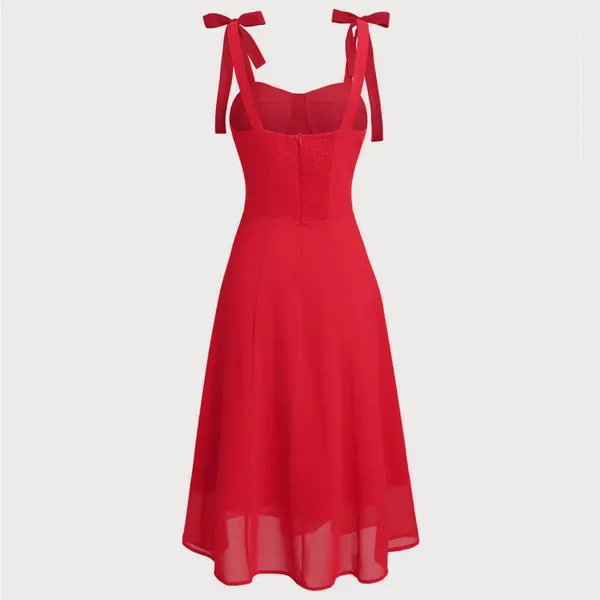 Rihoas Red Sweetheart Neck Tie Strap Midi Dress - Image 7