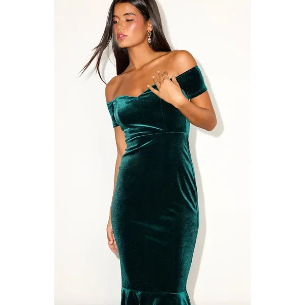 Lulus How Much I Care Dark Teal Velvet Off-the-Shoulder Midi Dress Party XS NWT - Image 2